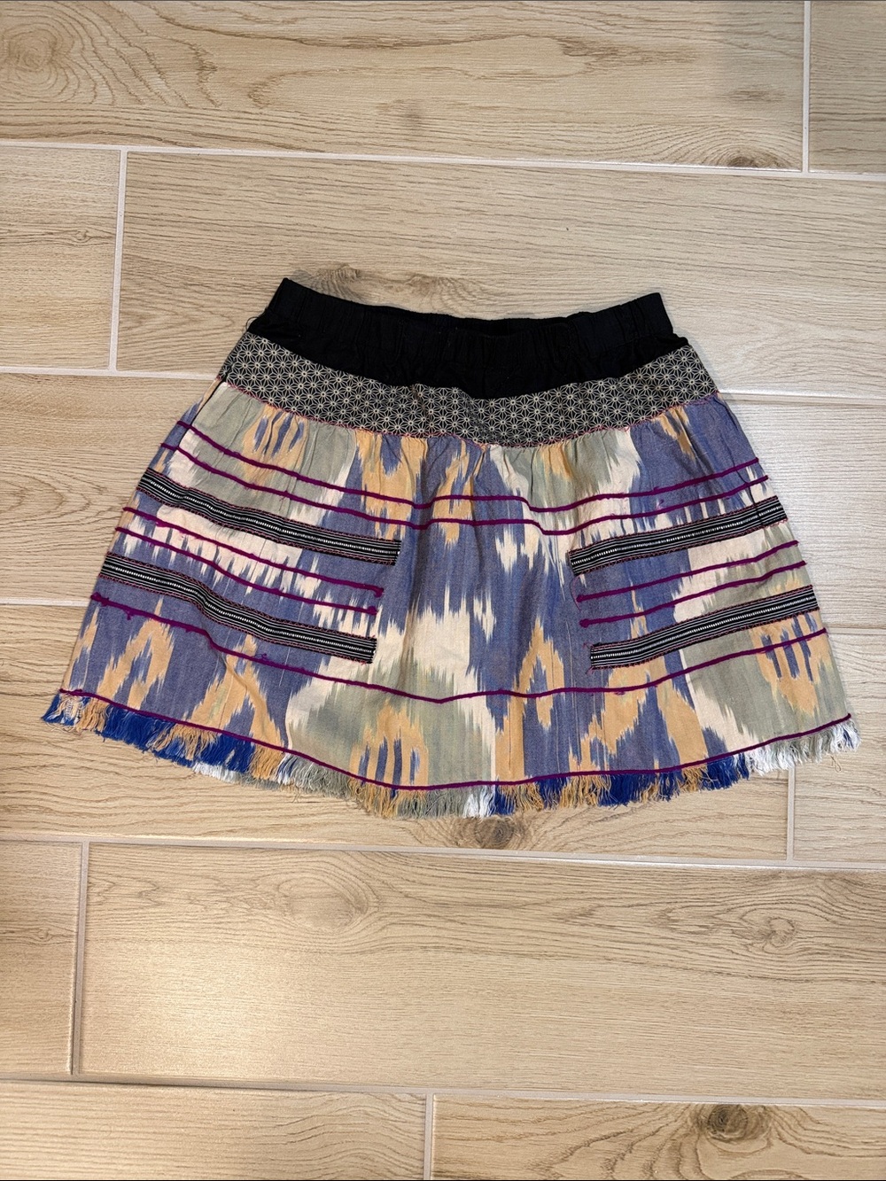Bar III Multicolor Ikat Mini Skirt with Black Waistband and Purple Accents